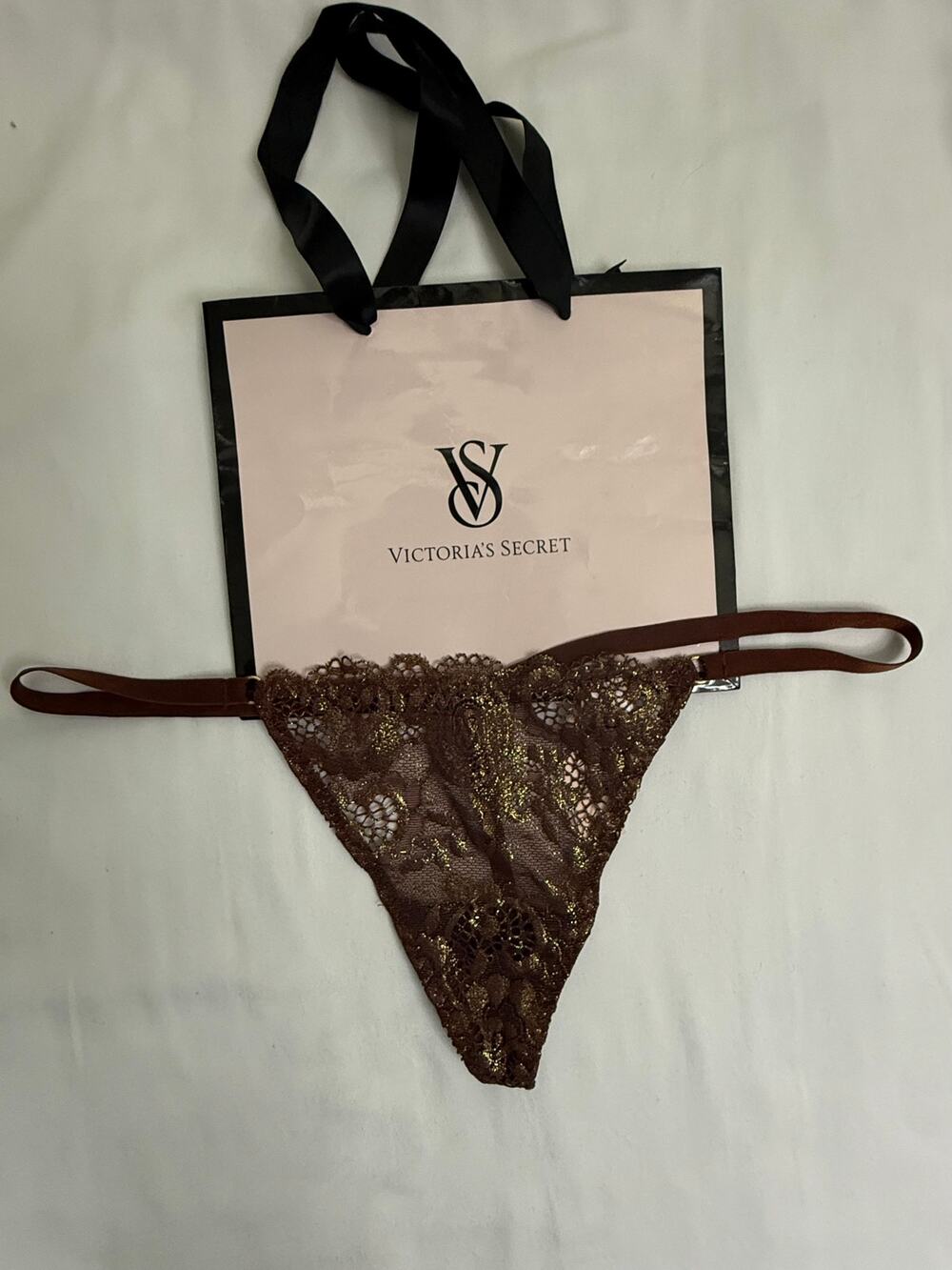 NWT Victoria’s Secret Vintage V-String Thong Dark Brown with Gold Shimmer O/S